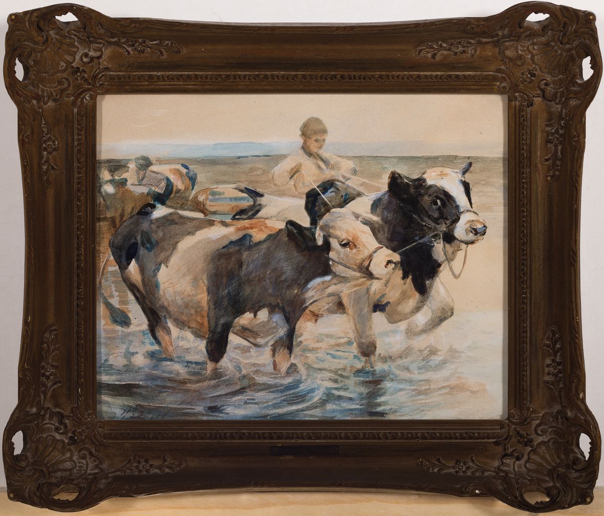 Detail k: Heinrich von Zügel, 1850 Murrhardt-1941 München, Aquarell/Pastell auf Papier, "Jungereitet mit zwei Ochsen durch die Furt", um 1907 ...