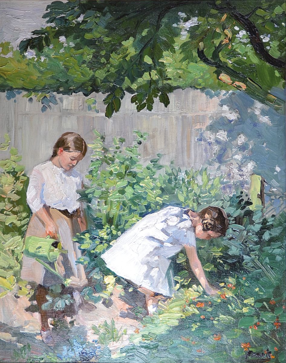 Frank, Künstler der 1. Hälfte des 20.Jh., Zwei Mädchen in sonnenbeschienenem Garten, Öl/Lwd, signiert, bez. Landau, 48x36/53x43 cm