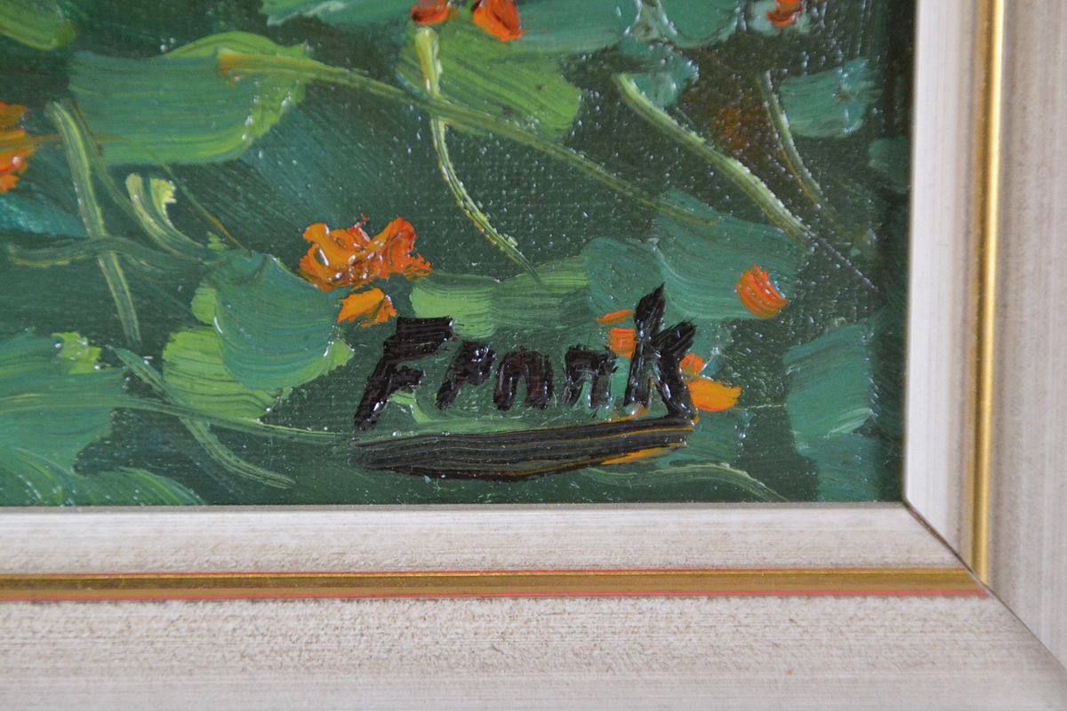 Detail a: Frank, Künstler der 1. Hälfte des 20.Jh., Zwei Mädchen in sonnenbeschienenem Garten, Öl/Lwd, signiert, bez. Landau, 48x36/53x43 cm