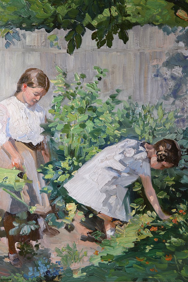 Detail b: Frank, Künstler der 1. Hälfte des 20.Jh., Zwei Mädchen in sonnenbeschienenem Garten, Öl/Lwd, signiert, bez. Landau, 48x36/53x43 cm