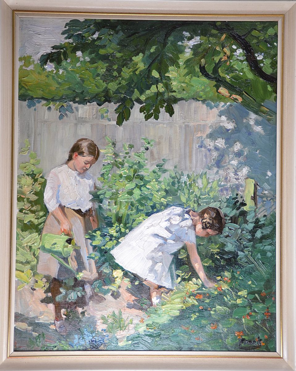Detail k: Frank, Künstler der 1. Hälfte des 20.Jh., Zwei Mädchen in sonnenbeschienenem Garten, Öl/Lwd, signiert, bez. Landau, 48x36/53x43 cm