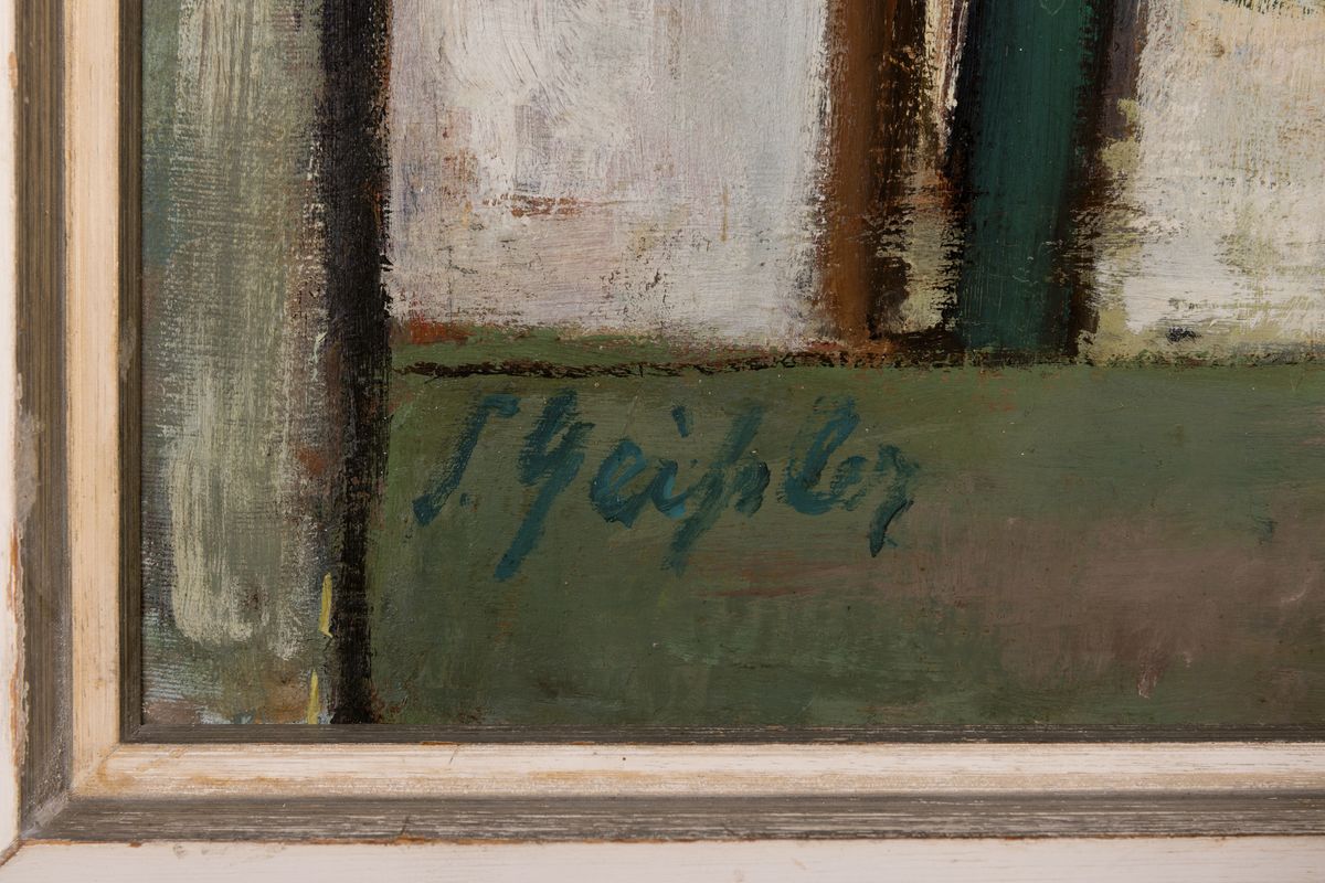 Detail a: Senta Geißler, 1902-2000 Ludwigshafen, kubistische Landschaft, verso bez. "Fischerdorf Schacca", Öl/Lwd auf Karton, ehem. aus der ...