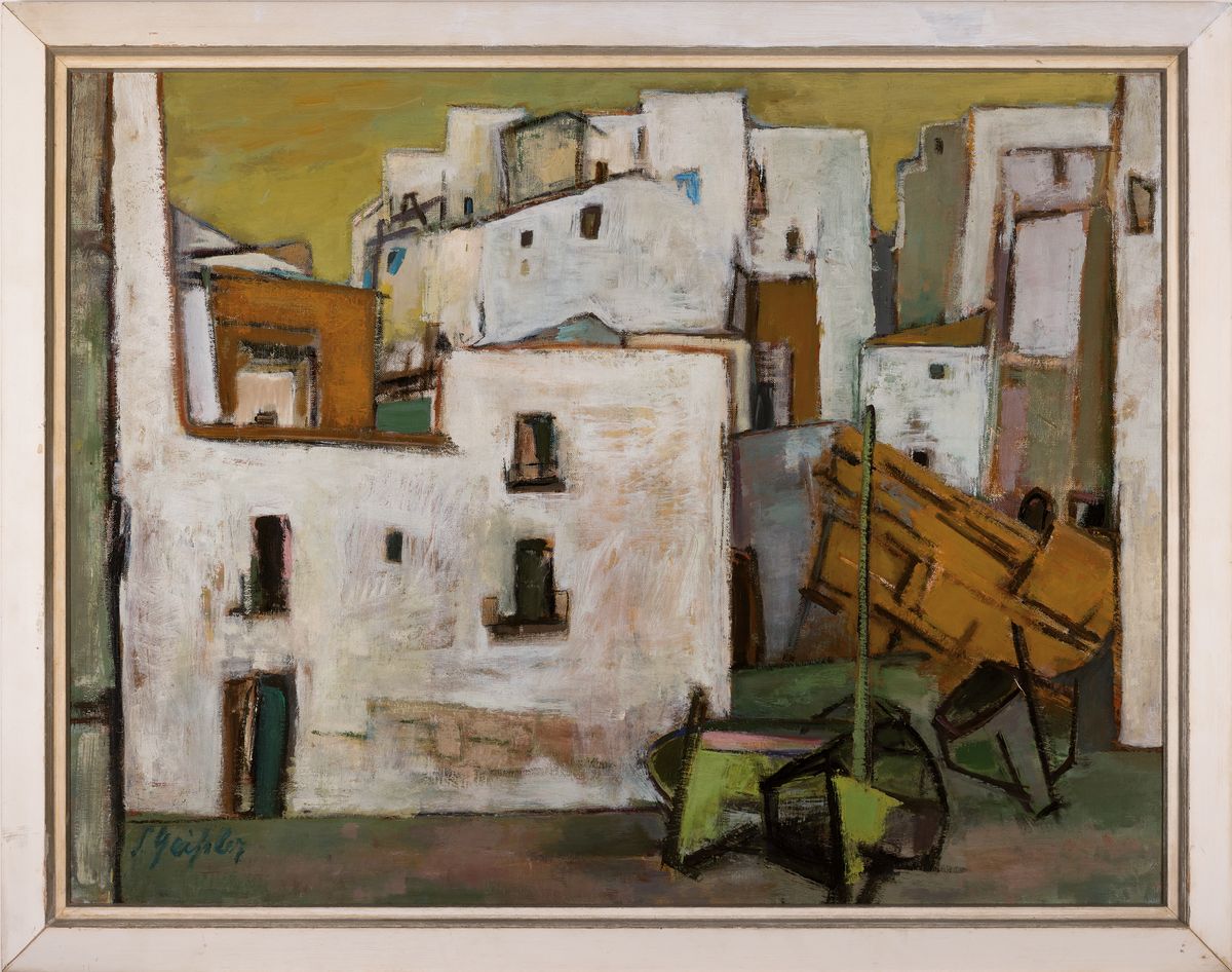 Detail k: Senta Geißler, 1902-2000 Ludwigshafen, kubistische Landschaft, verso bez. "Fischerdorf Schacca", Öl/Lwd auf Karton, ehem. aus der ...