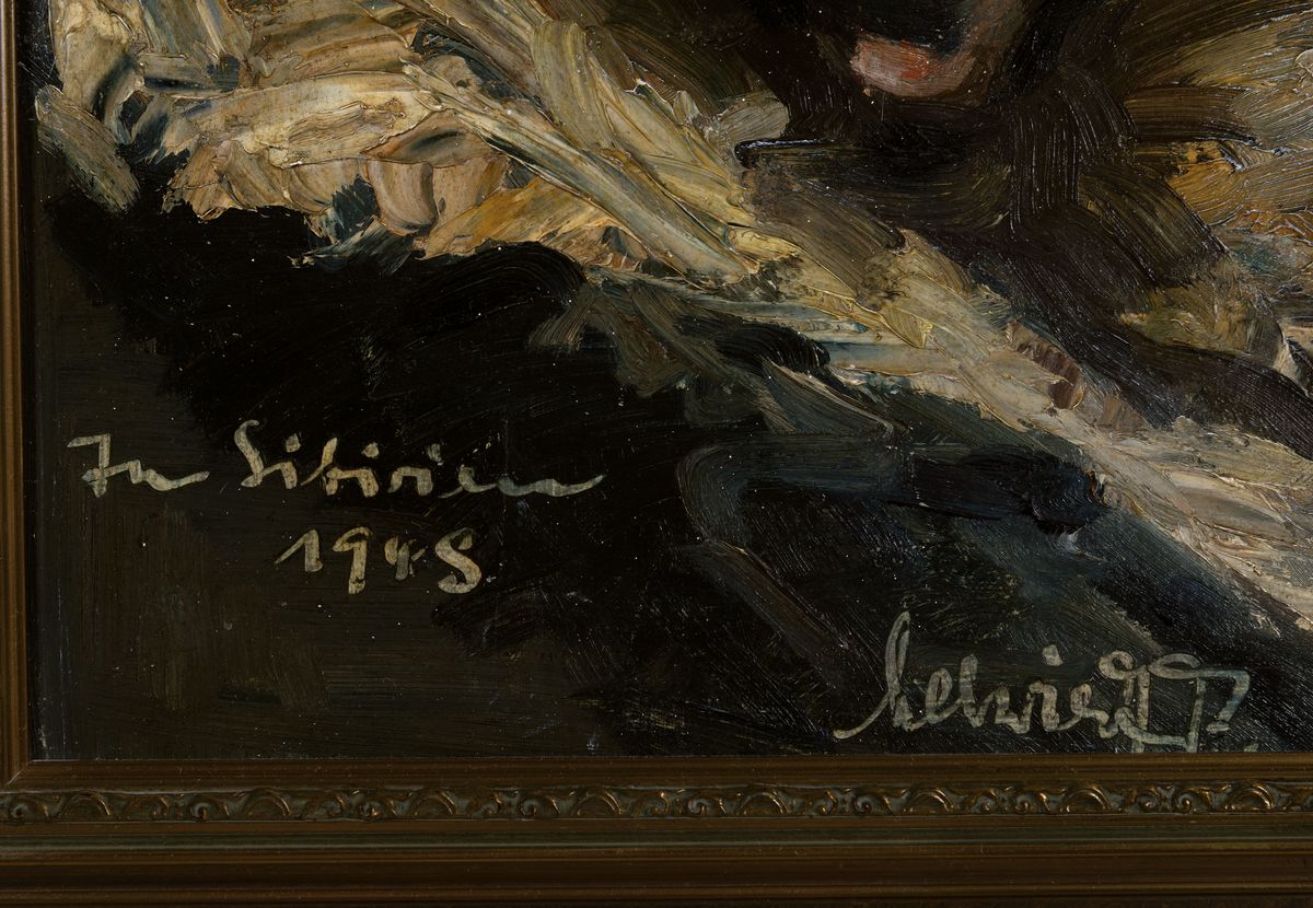 Detail a: Ungedeuteter Künstler des 20.Jh., "In Sibirien 1918" so bez., unleserlich bez., Damen in Mantel mit Fellkragen u. Fellmütze, Öl/Karton, ...
