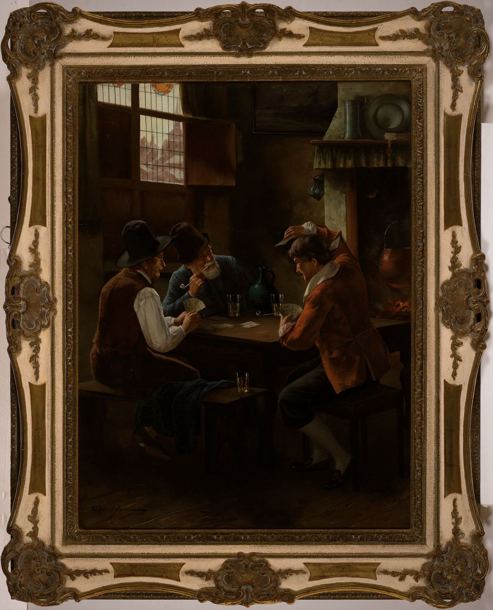 Detail k: Eugene Ansen Hofmann, 1862-1955, drei Männer beim Karten spielen in der Stube, Öl/Lwd, links unten signiert, ca. 80x60cm, R. ca. 103x83cm
