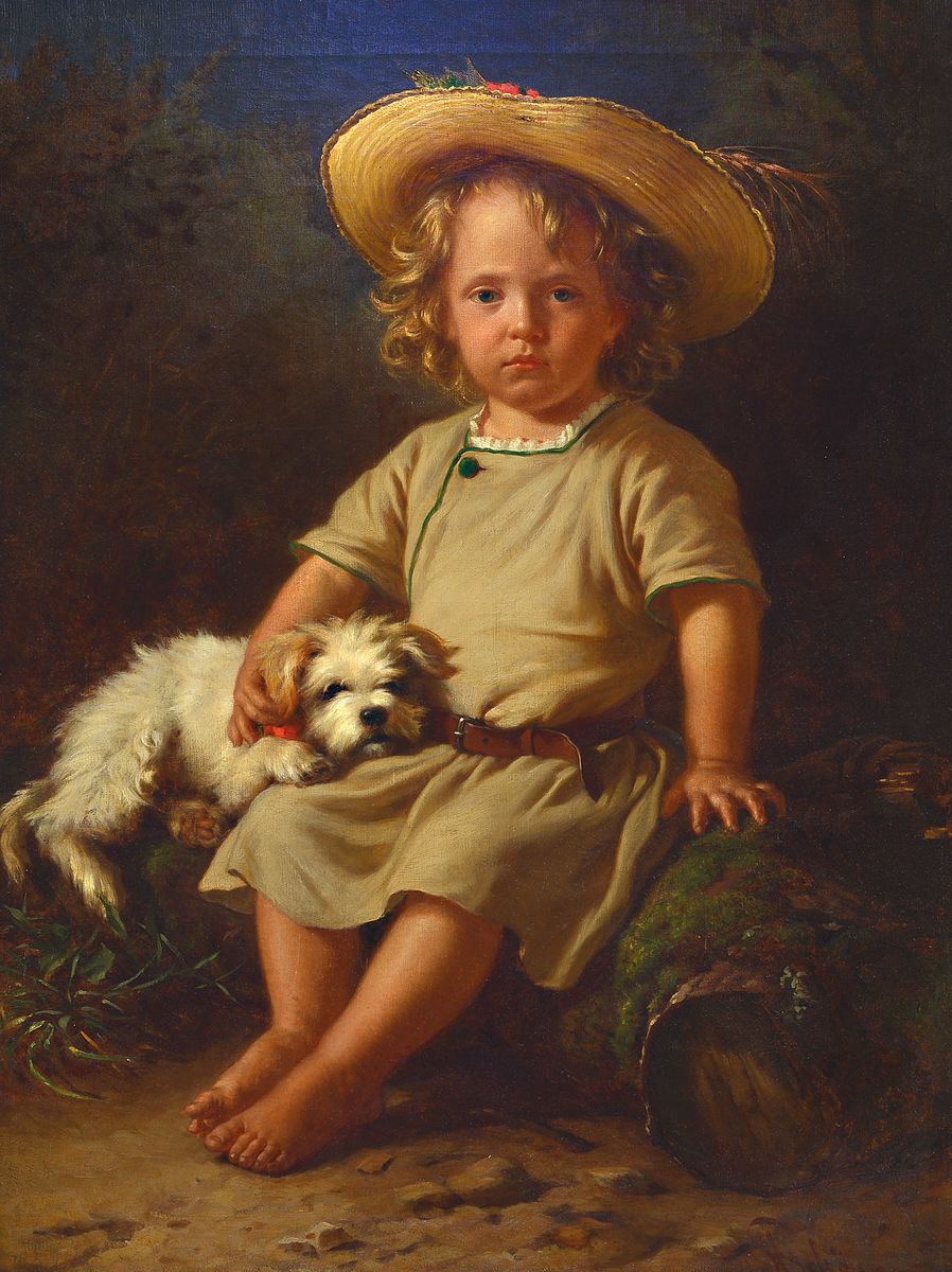 Alois Schönn, 1826 Wien-1897 Krumpendorf, Ganzporträt eines Kindes mit Hündchen, öl/Lwd, rest., rechts unten signiert, ca. 90x66cm, R. ca. ...