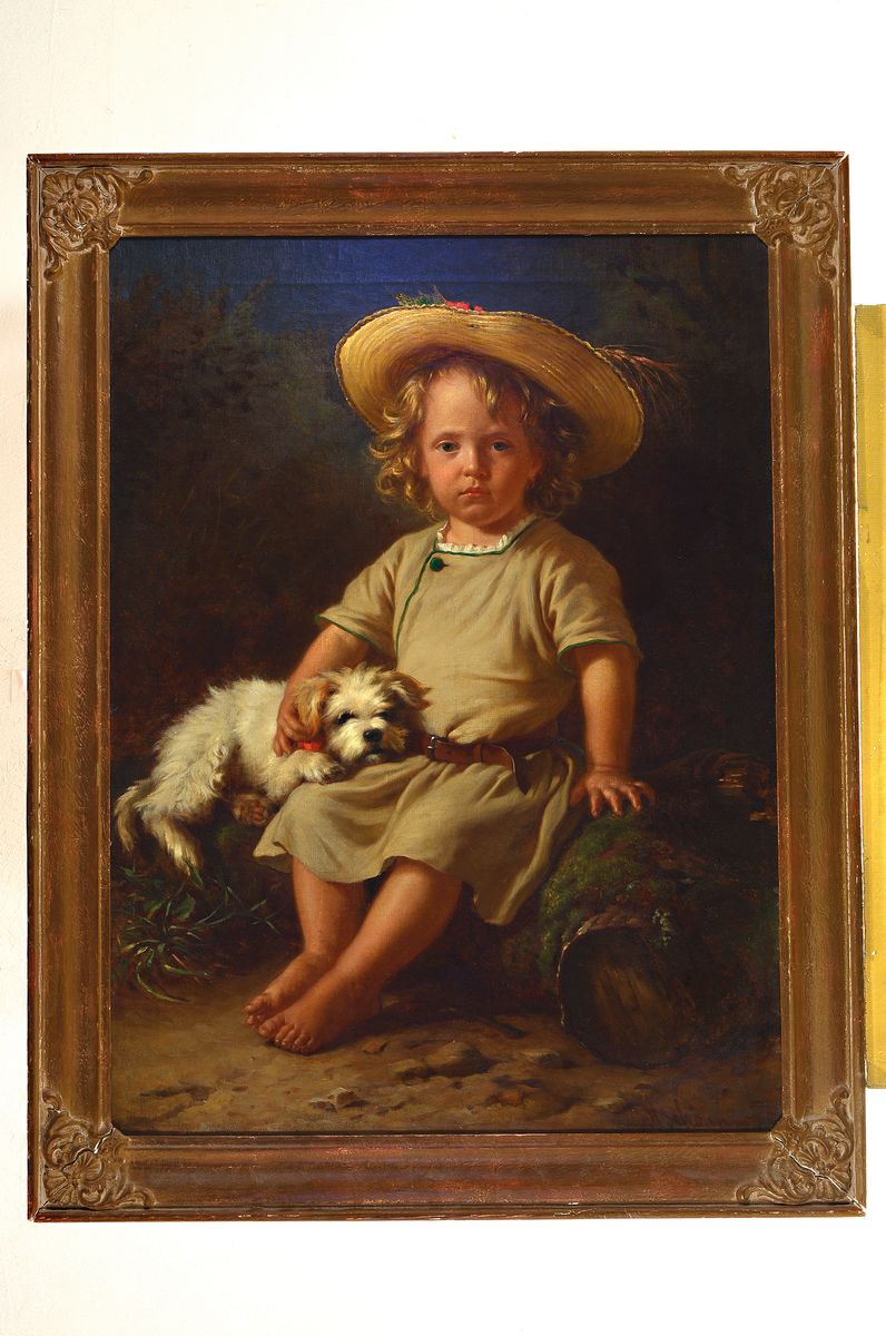 Detail k: Alois Schönn, 1826 Wien-1897 Krumpendorf, Ganzporträt eines Kindes mit Hündchen, öl/Lwd, rest., rechts unten signiert, ca. 90x66cm, R. ca. ...