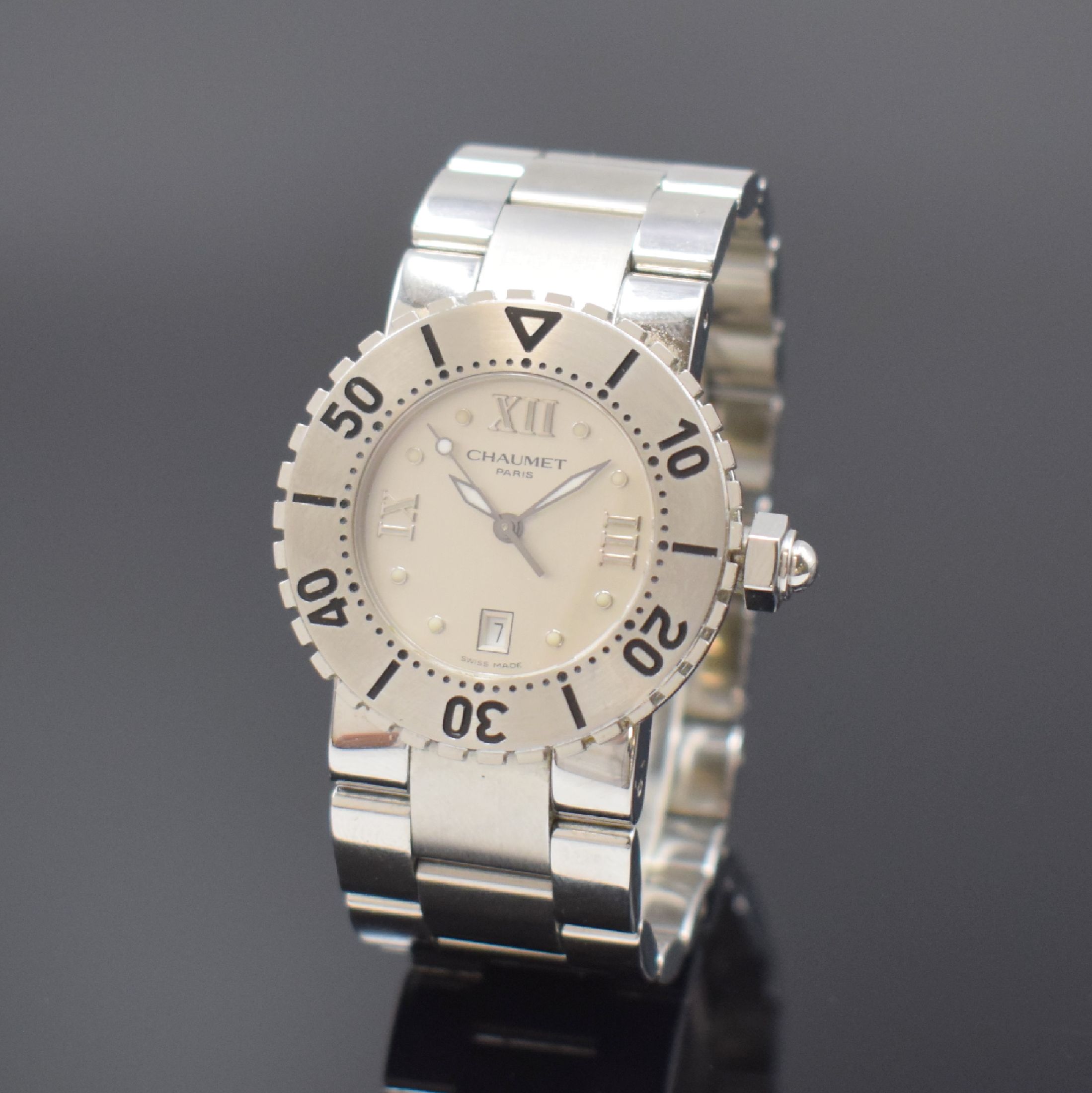CHAUMET Class One Damenarmbanduhr in Stahl, Schweiz um 2010, quarz, Ref. 622, Boden 6- fach verschr., orig. Gliederband m. dopp. Faltschl., Lünette ...