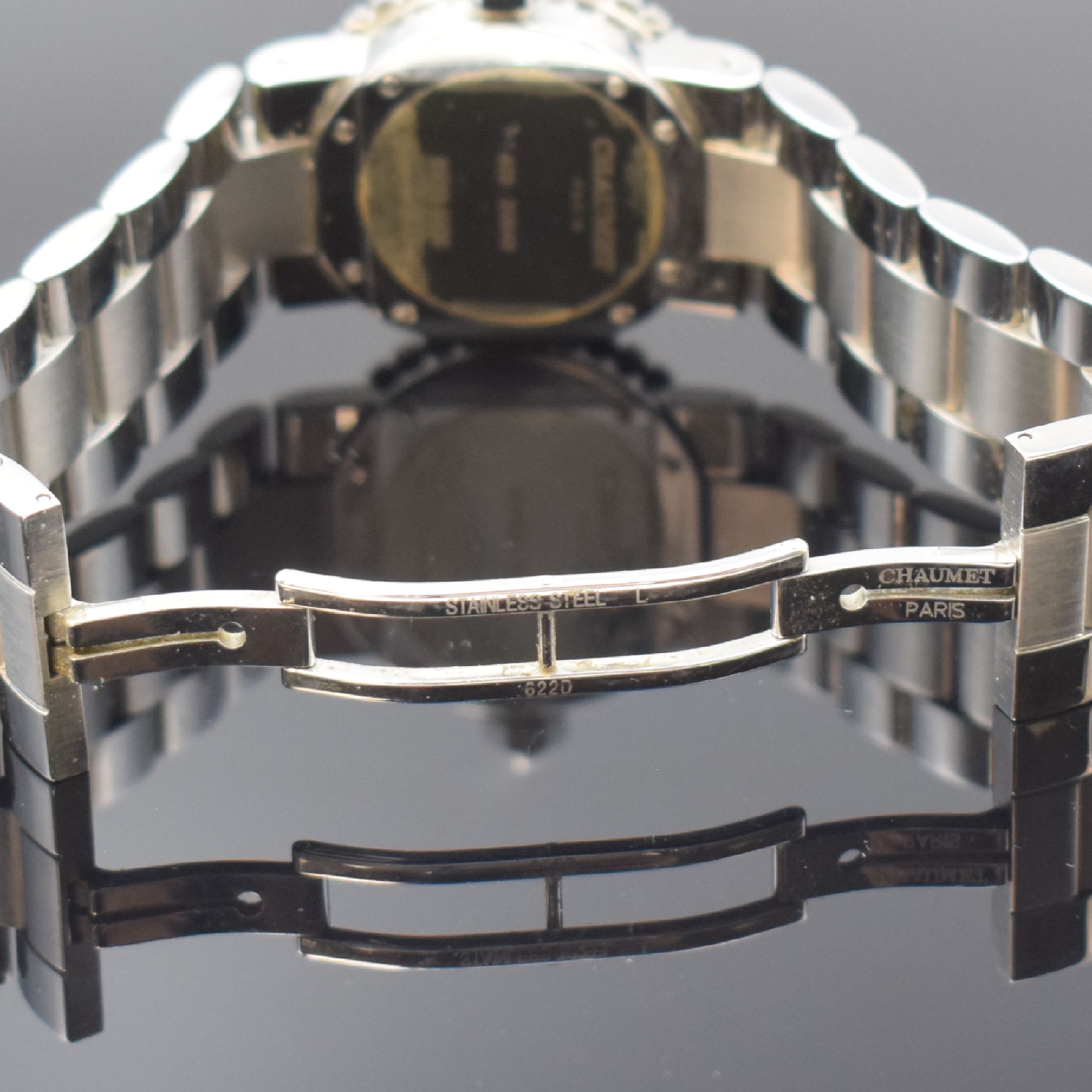 Detail b: CHAUMET Class One Damenarmbanduhr in Stahl, Schweiz um 2010, quarz, Ref. 622, Boden 6- fach verschr., orig. Gliederband m. dopp. Faltschl., Lünette ...
