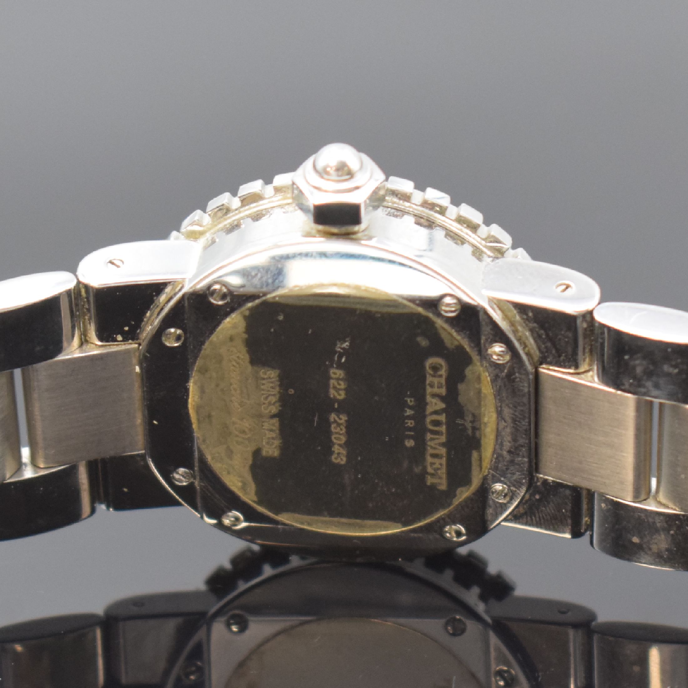 Detail c: CHAUMET Class One Damenarmbanduhr in Stahl, Schweiz um 2010, quarz, Ref. 622, Boden 6- fach verschr., orig. Gliederband m. dopp. Faltschl., Lünette ...