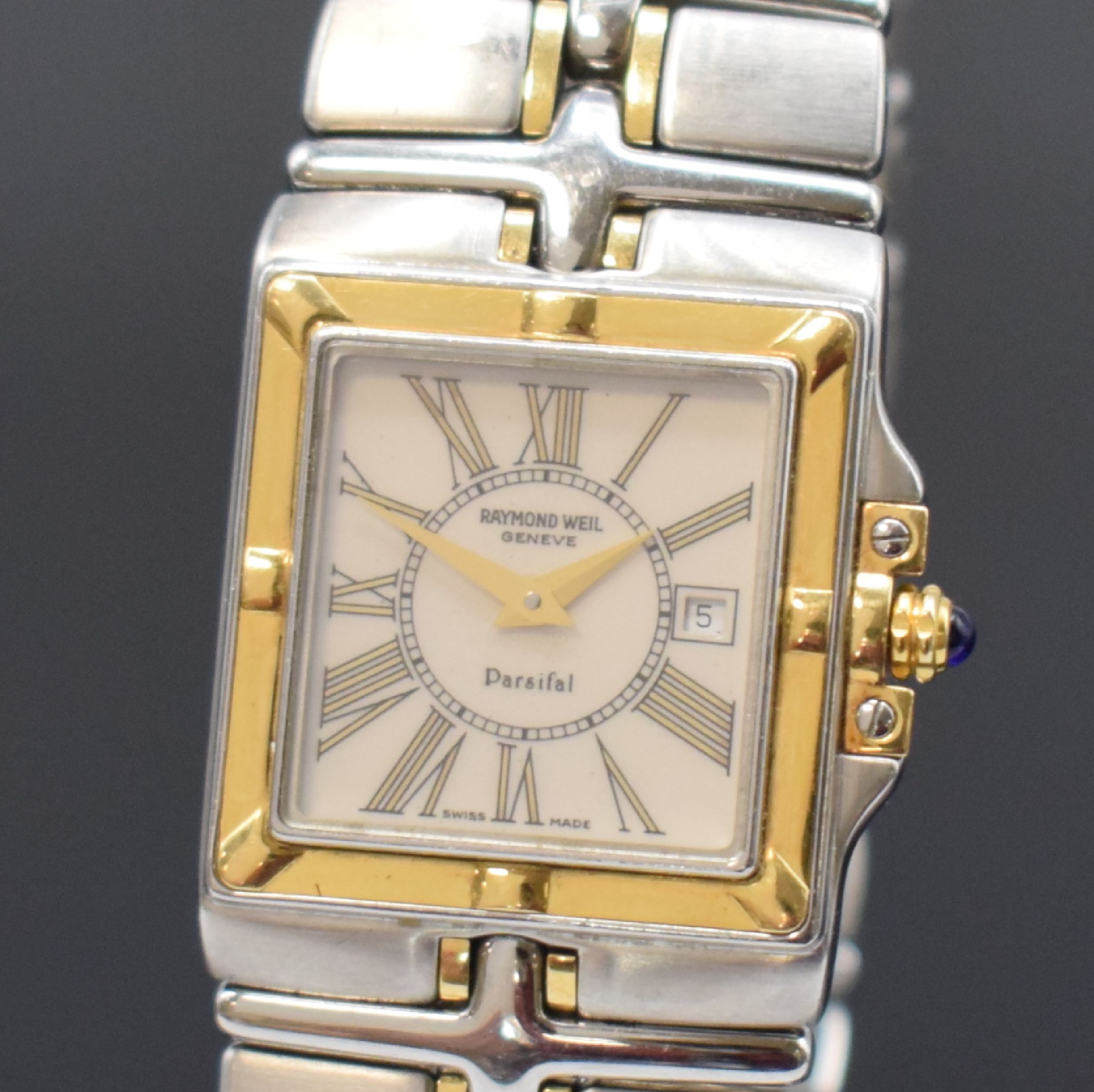 Detail a: RAYMOND WEIL Parsifal Armbanduhr in Stahl/Gold, Schweiz um 1995, quarz, Ref. 9390, Boden 4-fach verschr., Gliederband m. dopp. Faltschl., ...