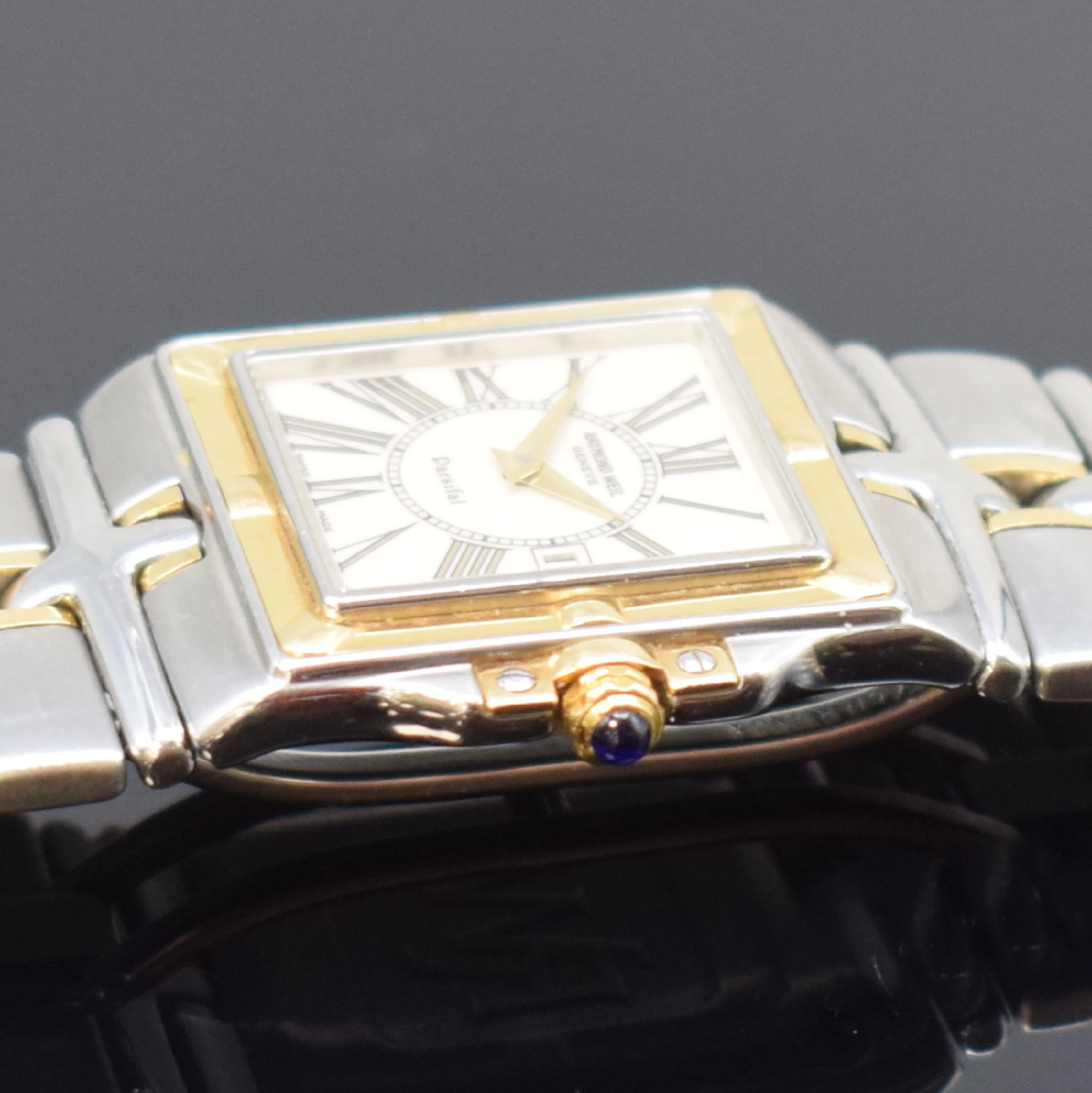 Detail c: RAYMOND WEIL Parsifal Armbanduhr in Stahl/Gold, Schweiz um 1995, quarz, Ref. 9390, Boden 4-fach verschr., Gliederband m. dopp. Faltschl., ...