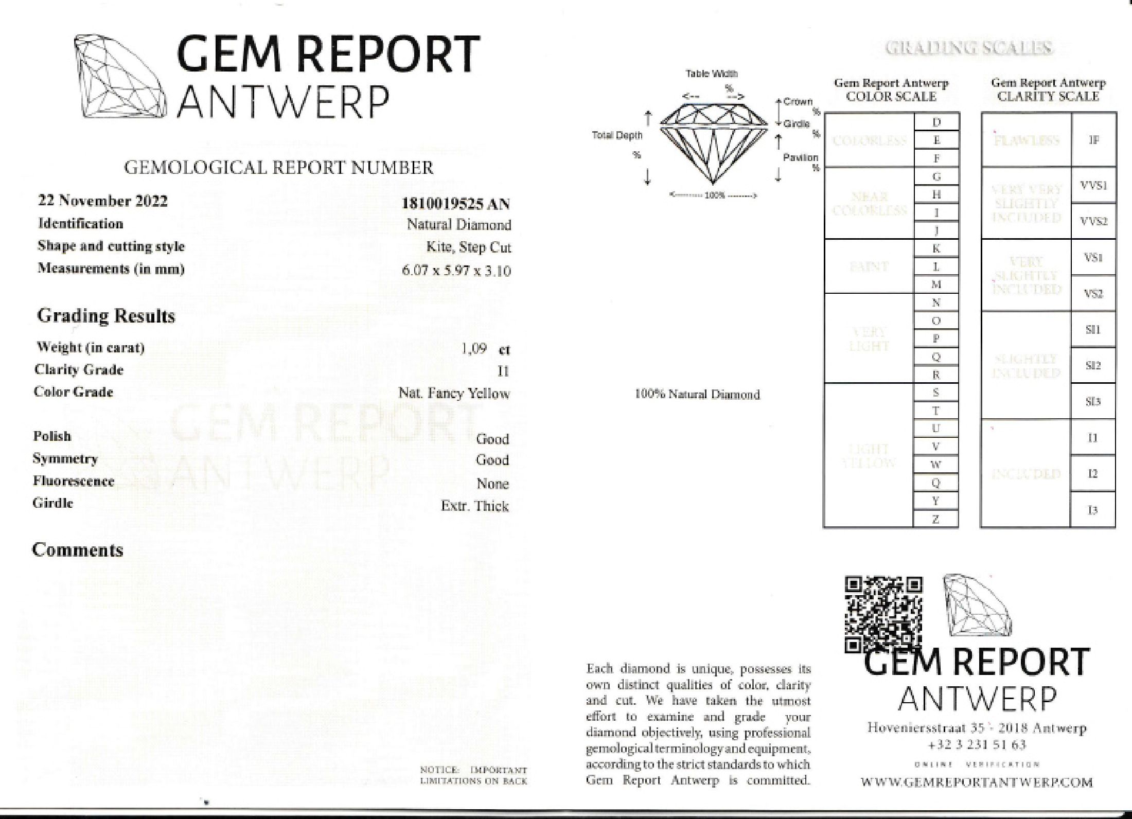 Detail b: Loser Diamant , 1.09 ct nat. fancy yellow/p1, Kite Step cut