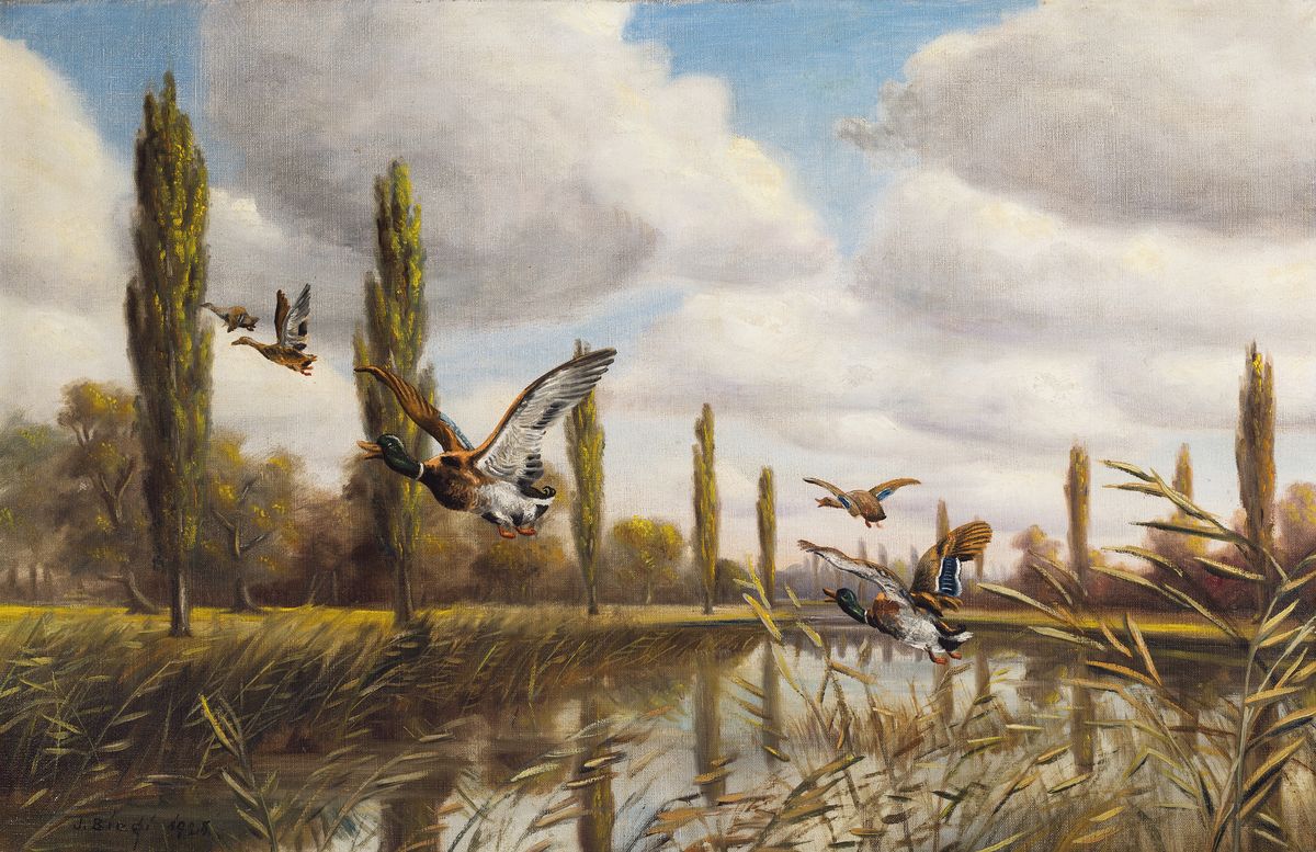 Johannes Bicgi, datiert 1923, "Stumme Wacht"so verso bez., auffliegende Enten über Auenlandschaft, signiert und datiert, rest., Öl/Lwd, ...