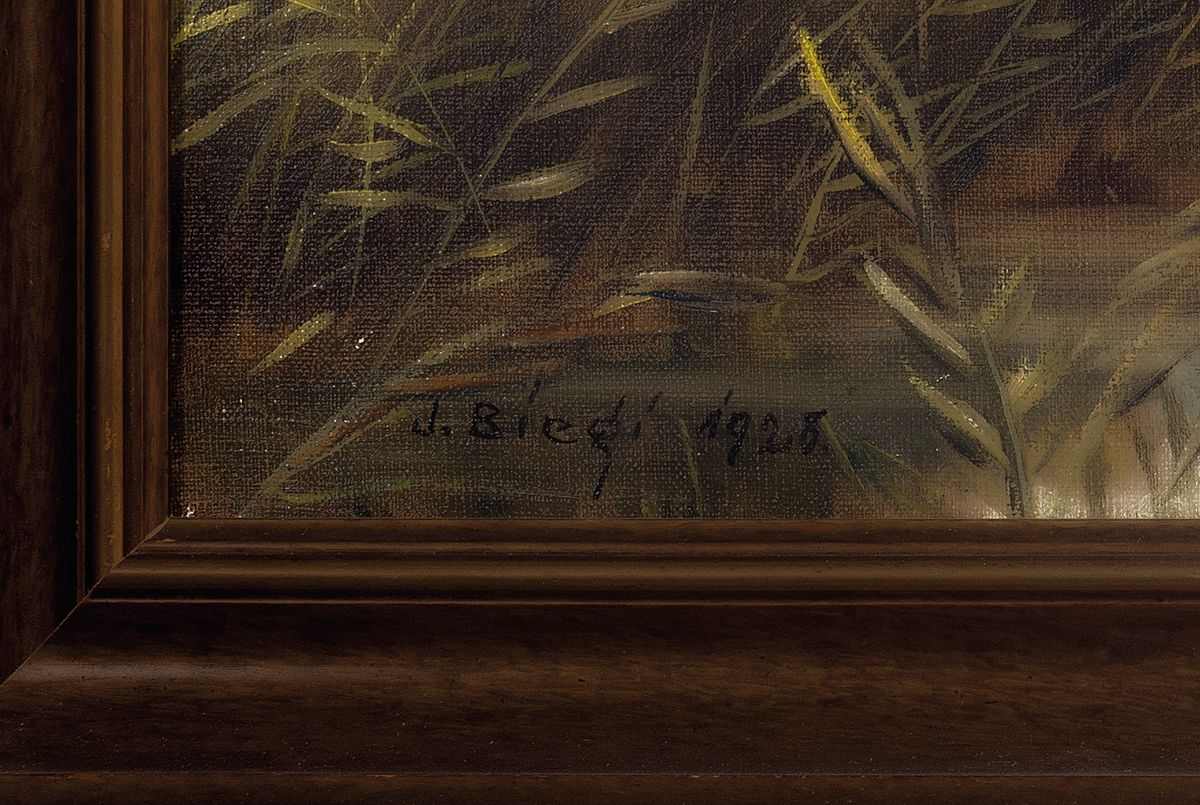 Detail a: Johannes Bicgi, datiert 1923, "Stumme Wacht"so verso bez., auffliegende Enten über Auenlandschaft, signiert und datiert, rest., Öl/Lwd, ...