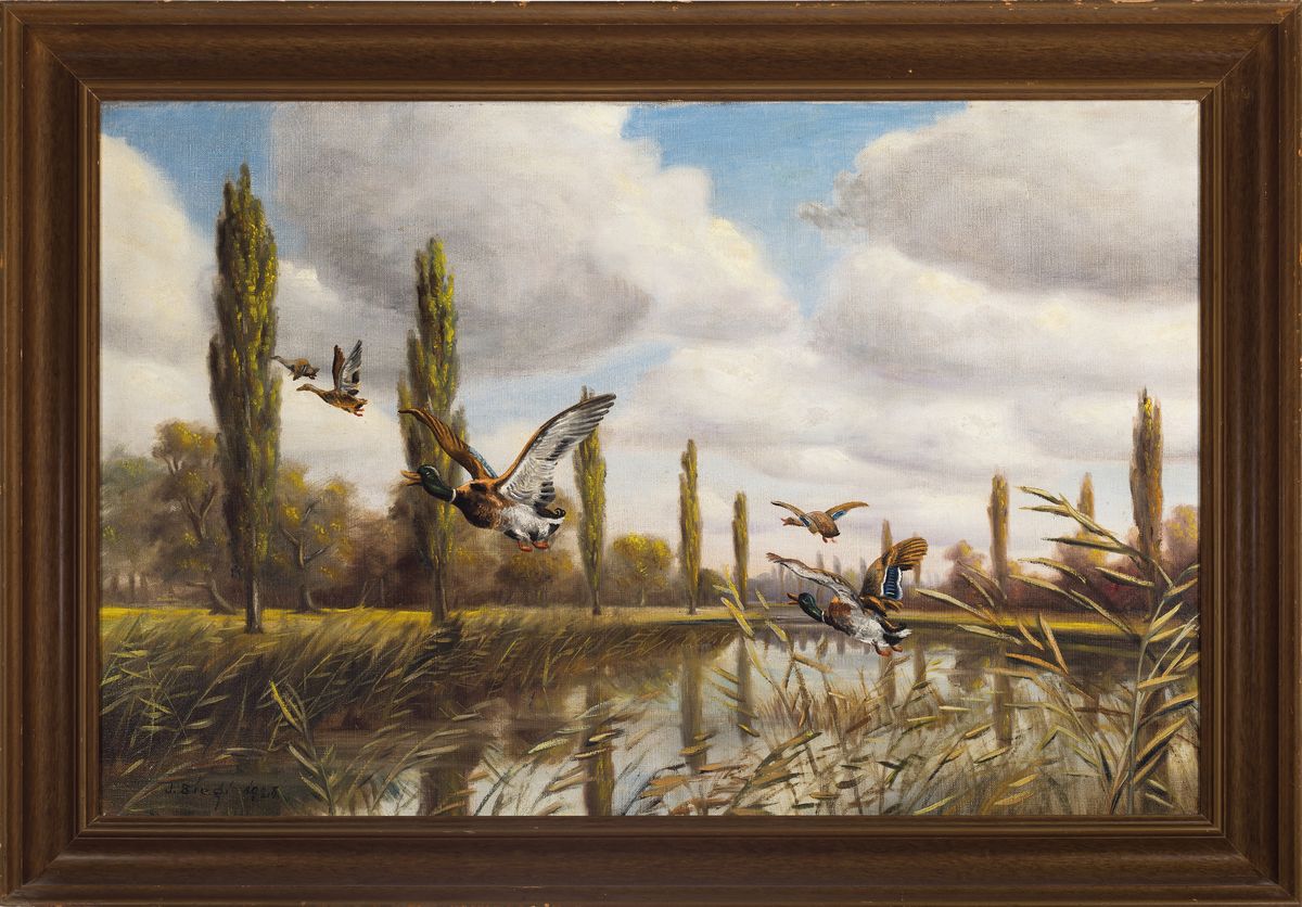 Detail k: Johannes Bicgi, datiert 1923, "Stumme Wacht"so verso bez., auffliegende Enten über Auenlandschaft, signiert und datiert, rest., Öl/Lwd, ...