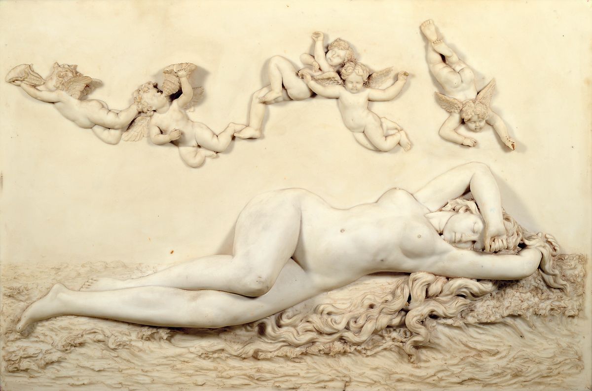 Kunstguß: Großes Relief, Mitte 20.Jh., Polymerguß, Venus nach den Vorbildern von Tizian, Canova u. Francesco Albani, liegender Akt umschwirrt von ...