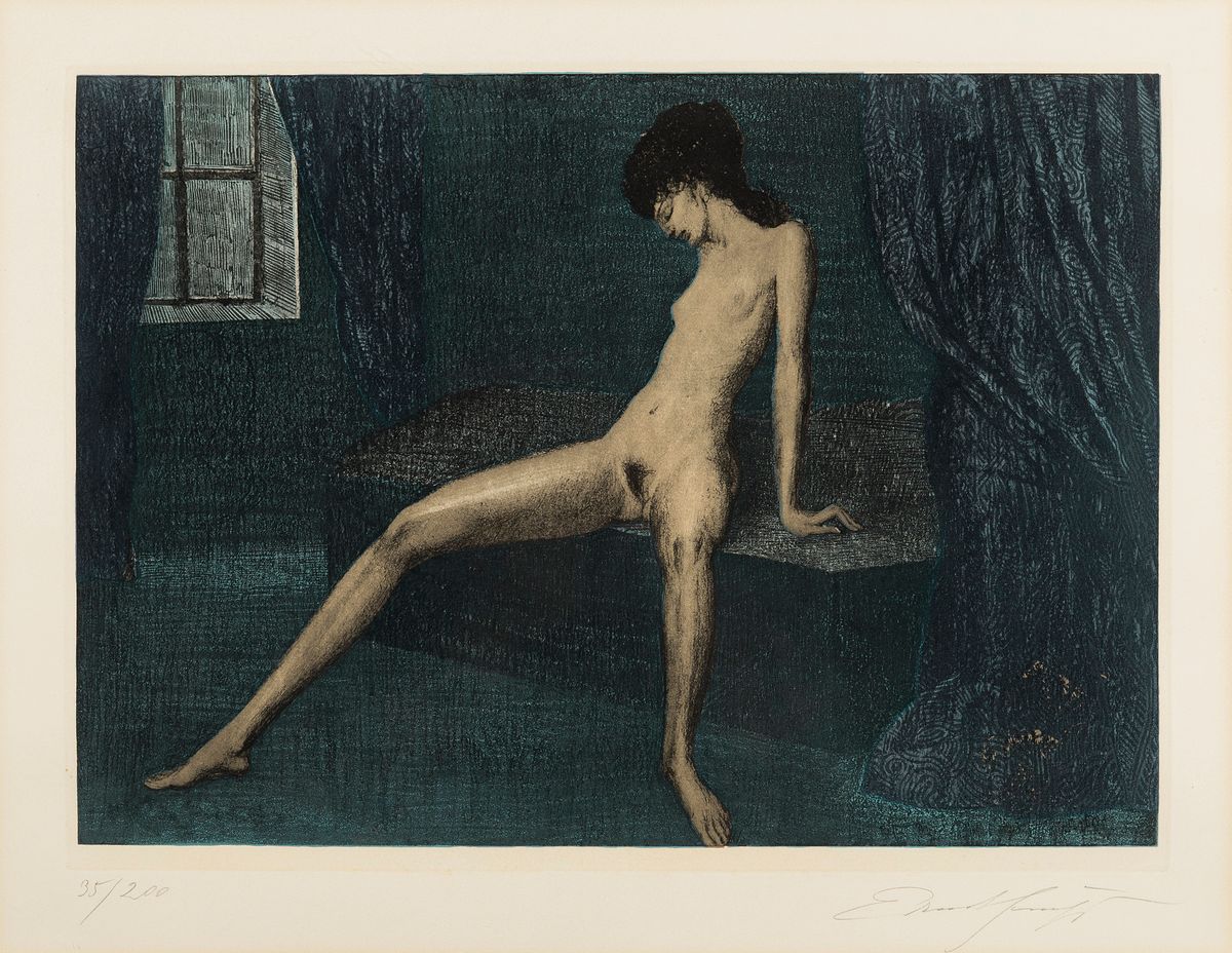 Ernst Fuchs, 1930-2015, Farbradierung, nächtliches Interieur mit weiblichem Akt, gekonnte Lichtführung durch das halbverhangeneFenster, signiert u. ...