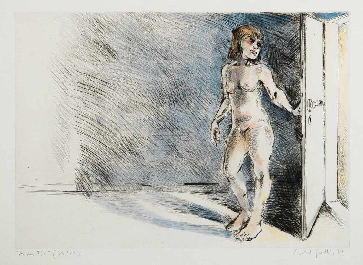 Helmut Göttl, 1934 Decin/Tschechien-2011, Studium in Freiburg und an der Akademie Karlsruhe, bei Karl Hubbuch, weiblicher Akt in nächtlichem ...