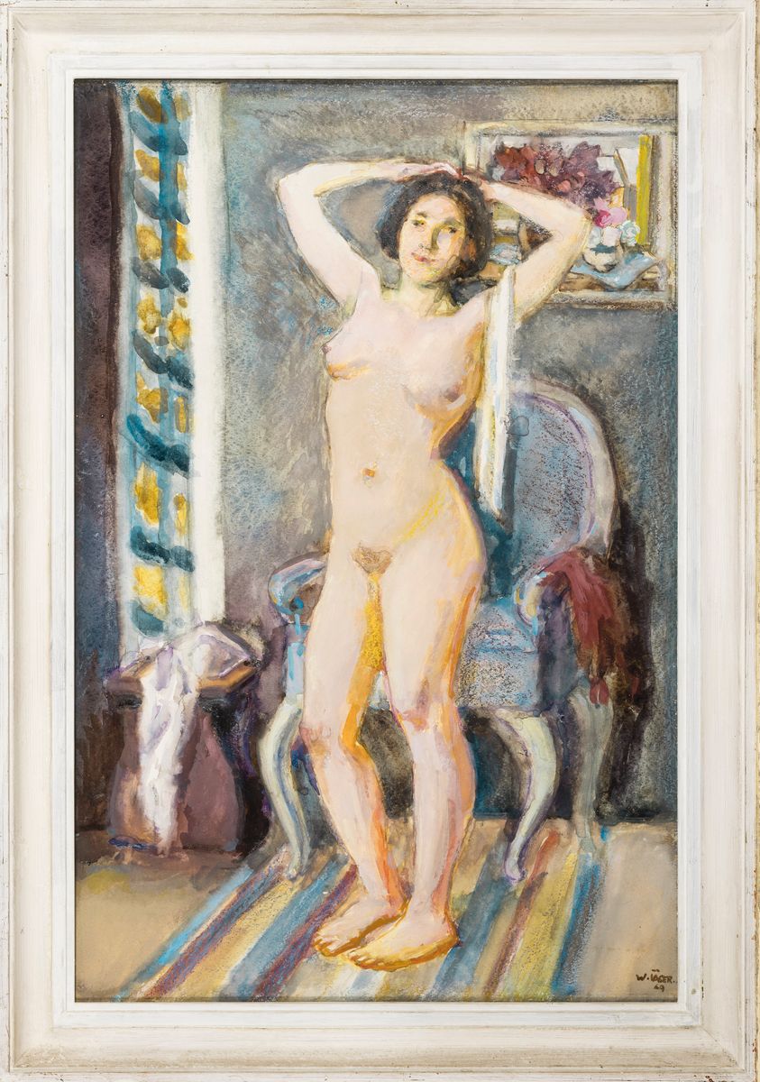 Detail k: Wolfgang Jäger, 1890 Ebrach-1975 Nürnberg, Studium an der Kunstgewerbeschule Nürnberg u. an der Akademie Karlsruhe, Aquarell, stehender weiblicher ...