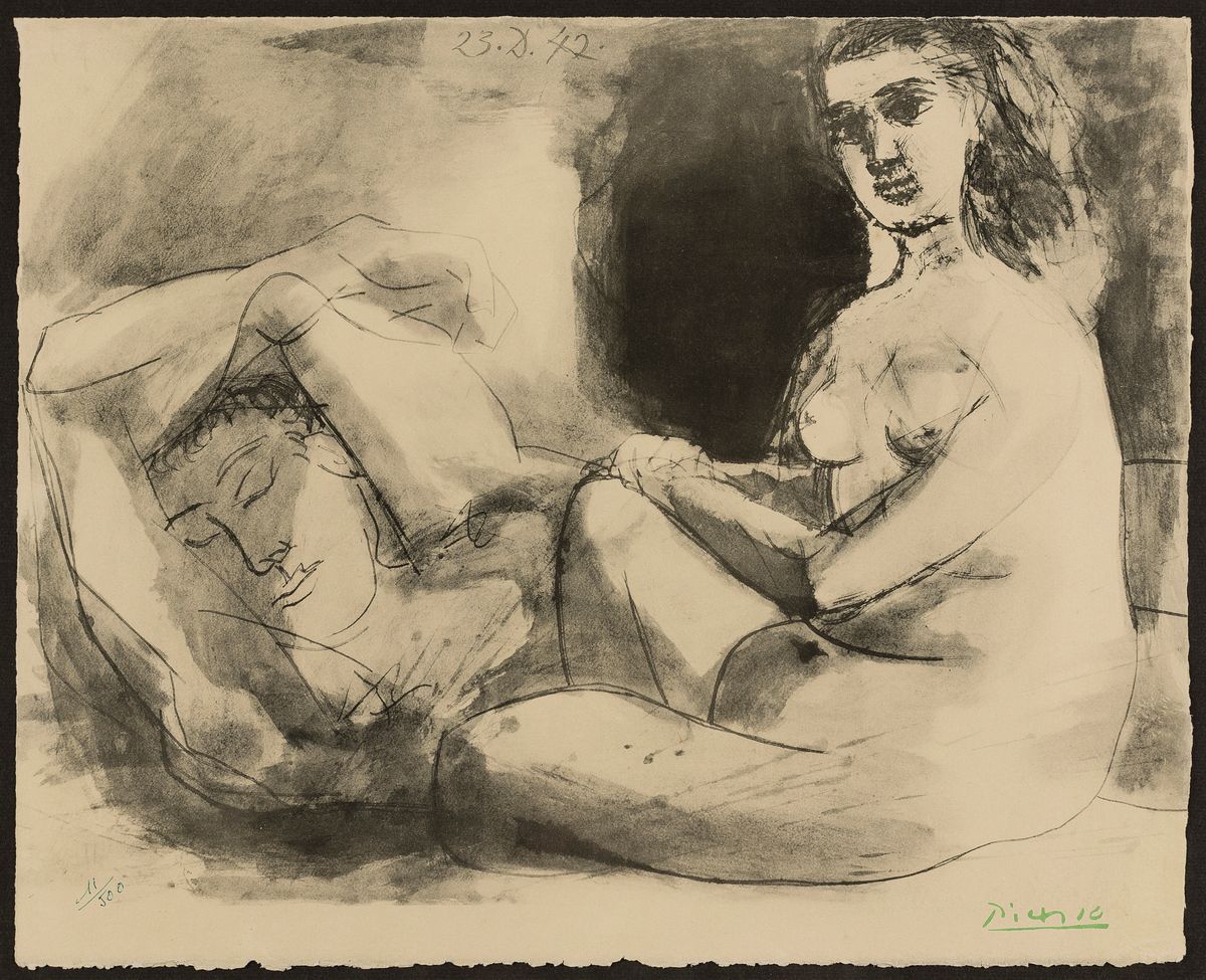 Nach Pablo Picasso, 1881 Malaga-1973 Mougins , Lithographie bzw. Collotypie auf Velin, nach "Homme couche et femme assise" (1942), 1967, ...