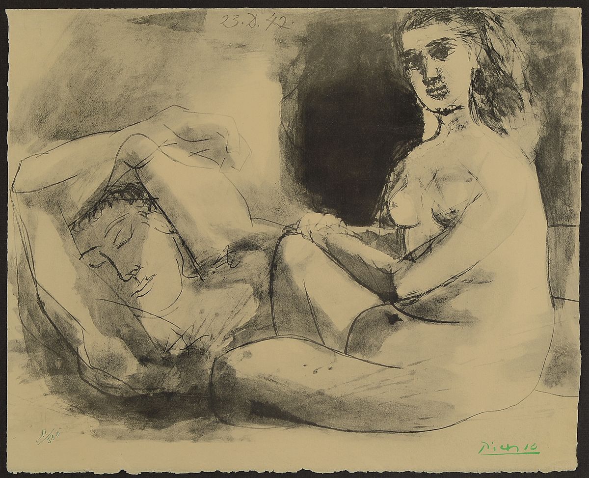 Detail a: Nach Pablo Picasso, 1881 Malaga-1973 Mougins , Lithographie bzw. Collotypie auf Velin, nach "Homme couche et femme assise" (1942), 1967, ...