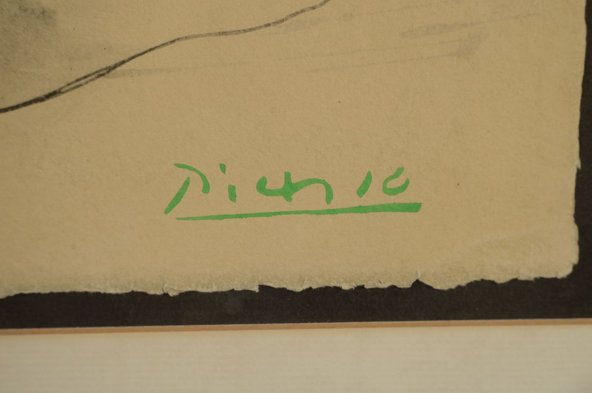 Detail c: Nach Pablo Picasso, 1881 Malaga-1973 Mougins , Lithographie bzw. Collotypie auf Velin, nach "Homme couche et femme assise" (1942), 1967, ...