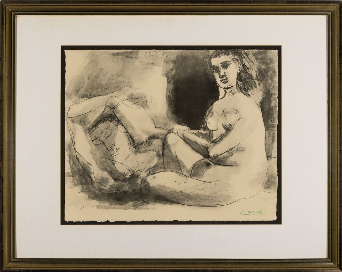 Detail k: Nach Pablo Picasso, 1881 Malaga-1973 Mougins , Lithographie bzw. Collotypie auf Velin, nach "Homme couche et femme assise" (1942), 1967, ...