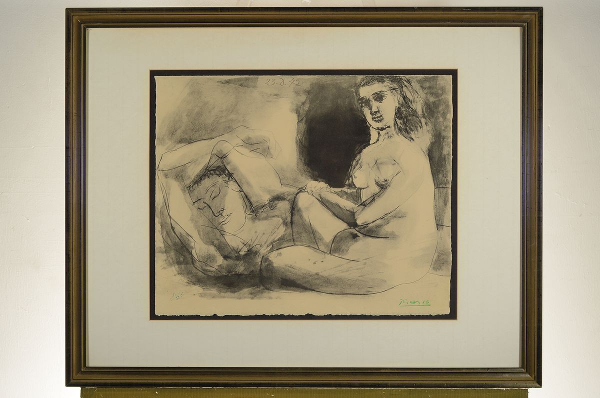 Detail l: Nach Pablo Picasso, 1881 Malaga-1973 Mougins , Lithographie bzw. Collotypie auf Velin, nach "Homme couche et femme assise" (1942), 1967, ...