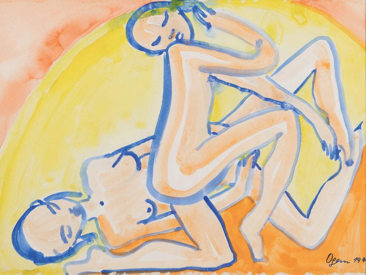 Detail a: Gertrud Ogem, 1919-1985, Berliner Künstlerin des Postexpressionismus, 3 Aquarelle/Mischtechniken, erotische Figurenpaare in expressiver Farbigkeit, ...