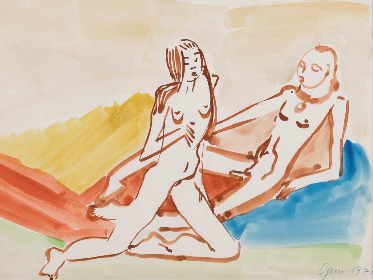 Detail b: Gertrud Ogem, 1919-1985, Berliner Künstlerin des Postexpressionismus, 3 Aquarelle/Mischtechniken, erotische Figurenpaare in expressiver Farbigkeit, ...