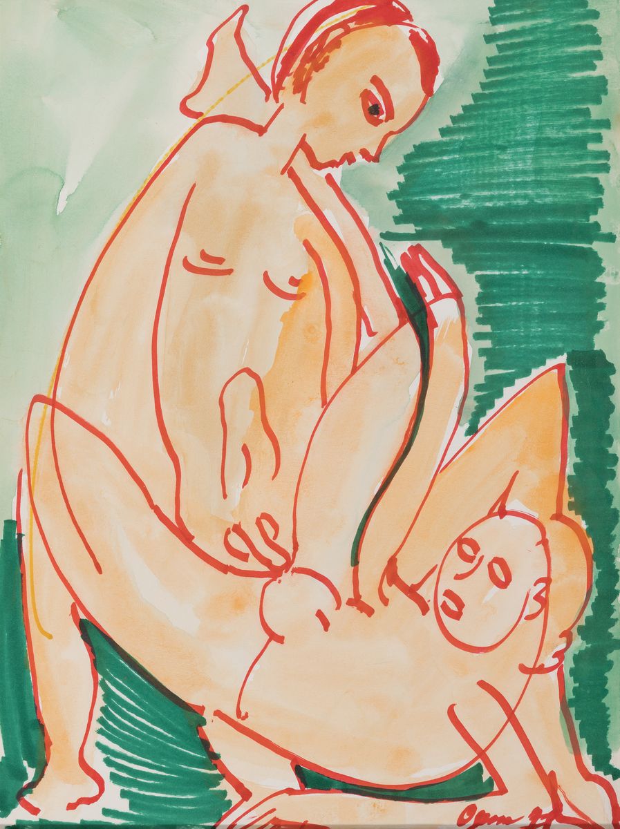 Gertrud Ogem, 1919-1985, Berliner Künstlerin des Postexpressionismus, 3 Aquarelle/Mischtechniken, erotische Figurenpaare in expressiver Farbigkeit, ...