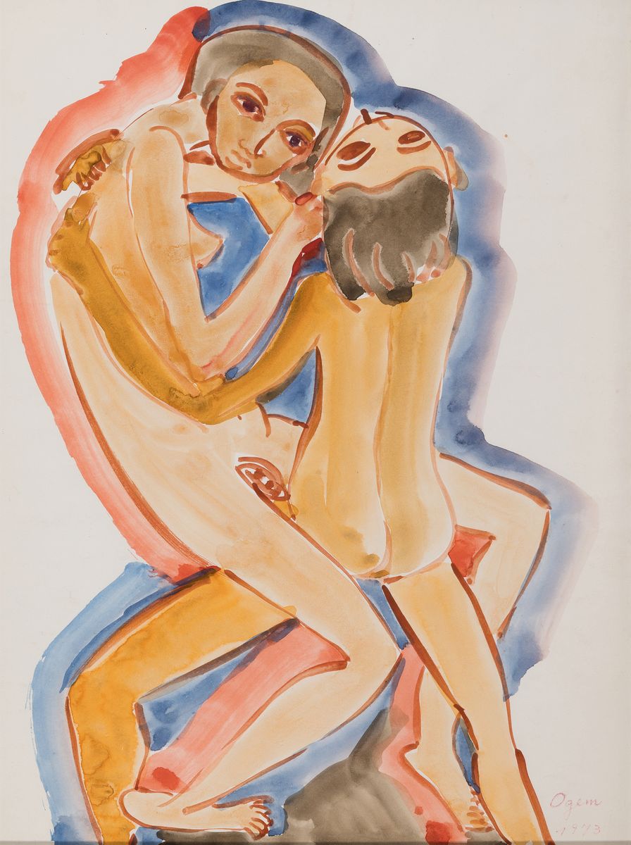 Detail b: Gertrud Ogem, 1919-1985, Berliner Künstlerin des Postexpressionismus, 3 Aquarelle/Mischtechniken, erotische Figurenpaare in expressiver Farbigkeit, ...