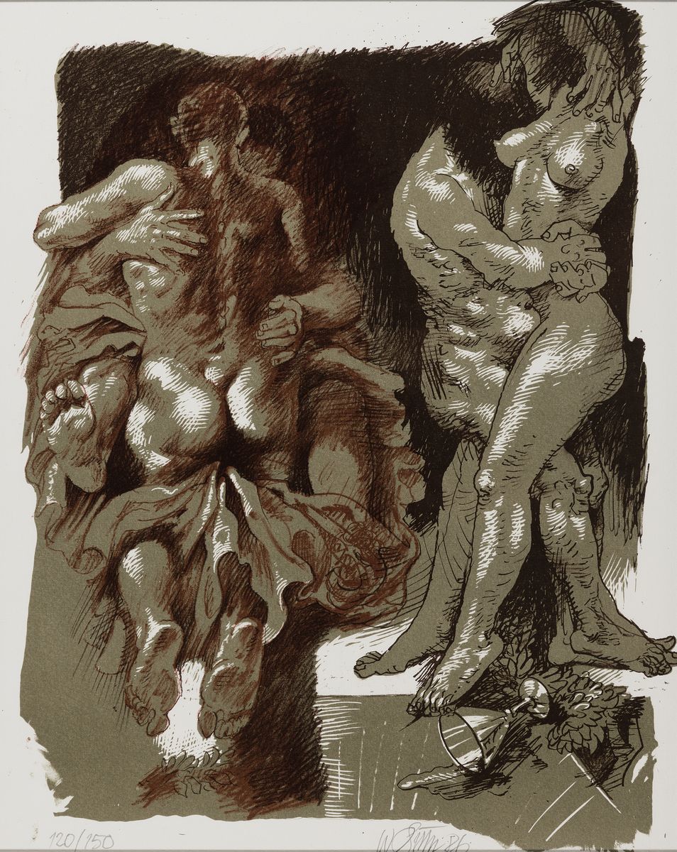 Willi Sitte, 1921-2003, 3 Farblithographien, in Olivgrün, Rot- u. Dunkelbraun, auf Weißenborn-Bütten, erotische Figurengruppen, je signiert und ...