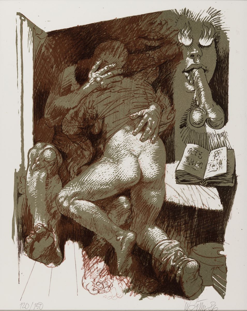 Detail a: Willi Sitte, 1921-2003, 3 Farblithographien, in Olivgrün, Rot- u. Dunkelbraun, auf Weißenborn-Bütten, erotische Figurengruppen, je signiert und ...