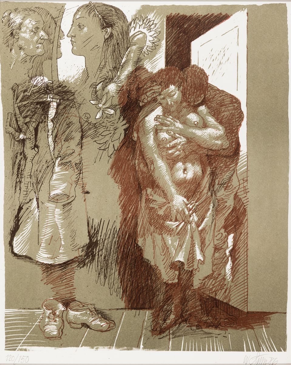 Detail b: Willi Sitte, 1921-2003, 3 Farblithographien, in Olivgrün, Rot- u. Dunkelbraun, auf Weißenborn-Bütten, erotische Figurengruppen, je signiert und ...