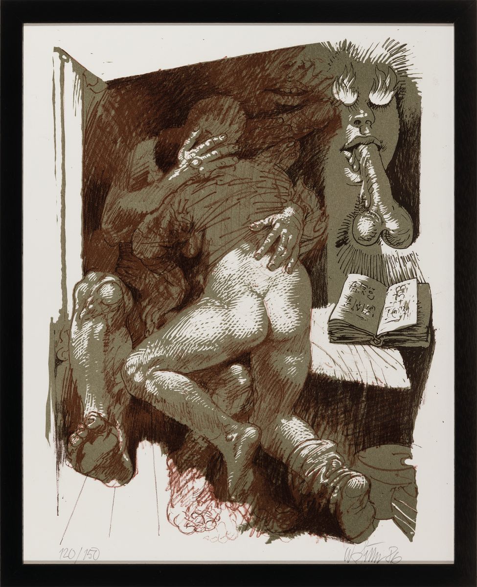 Detail l: Willi Sitte, 1921-2003, 3 Farblithographien, in Olivgrün, Rot- u. Dunkelbraun, auf Weißenborn-Bütten, erotische Figurengruppen, je signiert und ...