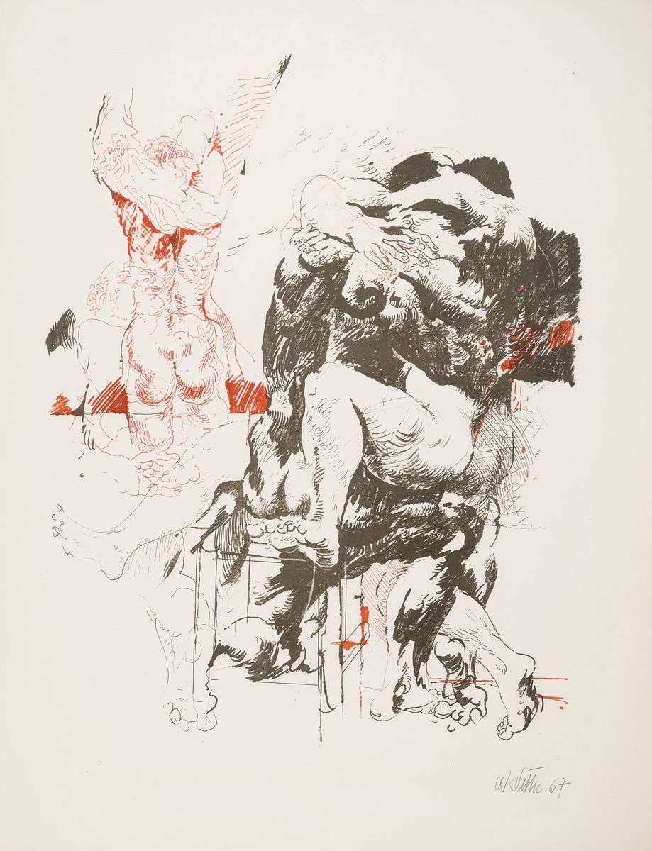 Willi Sitte, 1921 Kratzau-2013 Halle, 3 Farblithographien in Olivgrün, Rot- u. Dunkelbraun, auf Weißenborn-Bütten, "Ars amatoria-Liebesszene ...