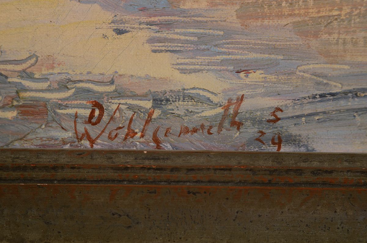 Detail a: Daniel Wohlgemuth, 1876 Albisheim-1967 Gundersheim, Beginnender Tag auf dem Rhein, rückseitig auf altem Künstleretikett so betitelt, Öl/Lwd, ...