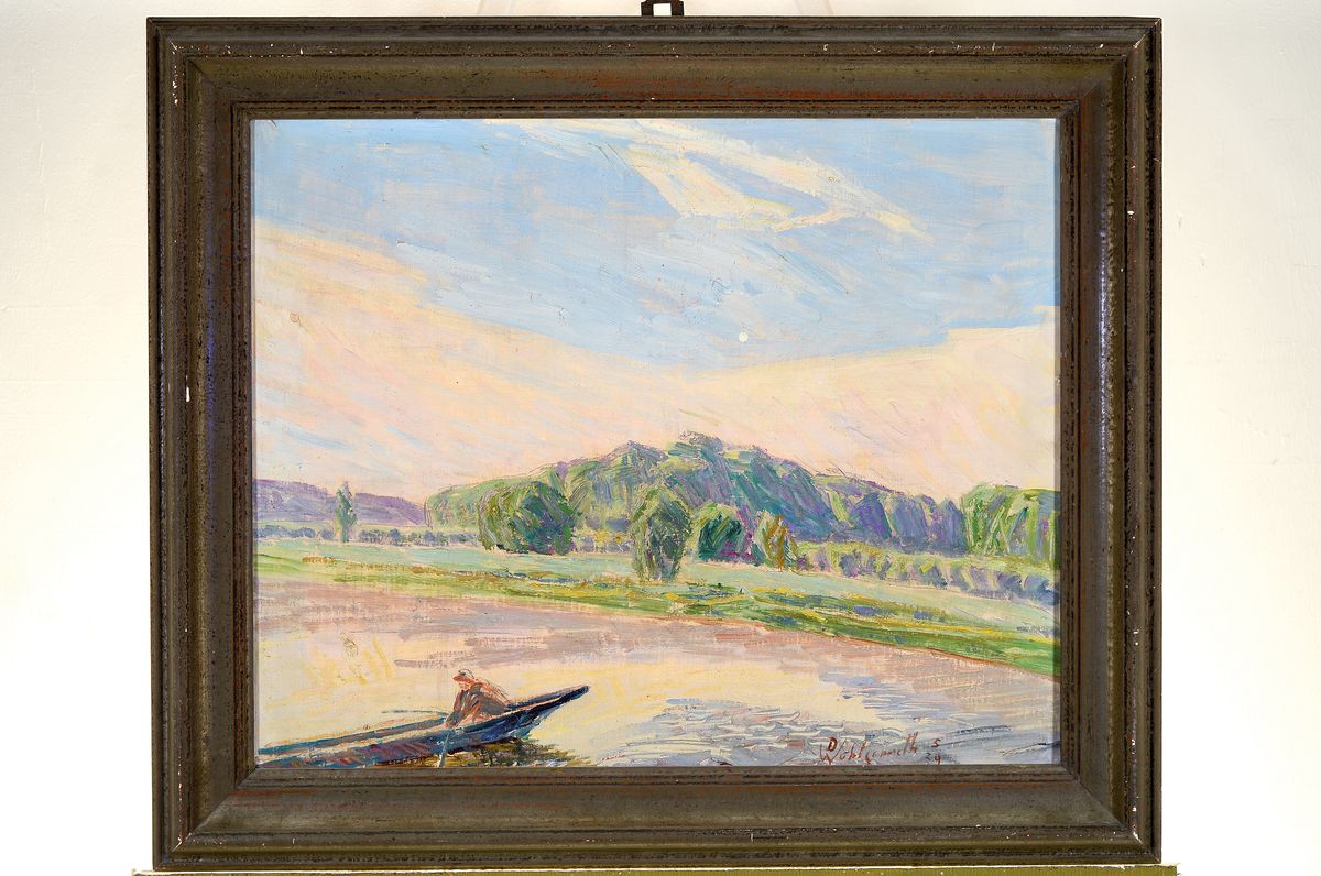 Detail k: Daniel Wohlgemuth, 1876 Albisheim-1967 Gundersheim, Beginnender Tag auf dem Rhein, rückseitig auf altem Künstleretikett so betitelt, Öl/Lwd, ...