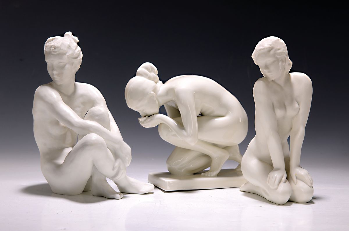 3 Porzellanfiguren, Rosenthal, classic rose,3 Akte, 2x von lore Friedrich-Gronau, unglasiert, H. ca. 21cm, 1x von Ernst Wenck, Trinkende, H. ca. ...