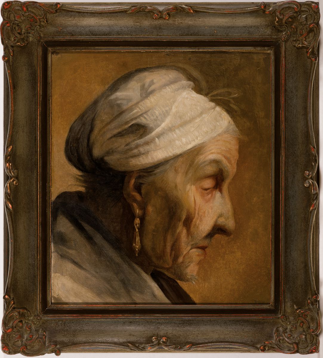 Detail k: Zuschreibung: Robert Wessinger, 1825 Asperg - 1894 Darmstadt, Charakterkopf einer alten Frau mit Kopftuch und markanten Ohrringen, Öl/Pappe auf ...