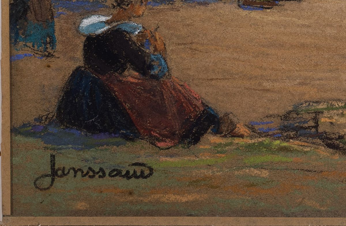 Detail a: Mathurin Janssaud, 1857- 1940, bretonischer Hafen mit reicher Figurenstaffage, bewegter Himmel mit aufziehenden Gewitterwolken, Pastell/Papier, ...