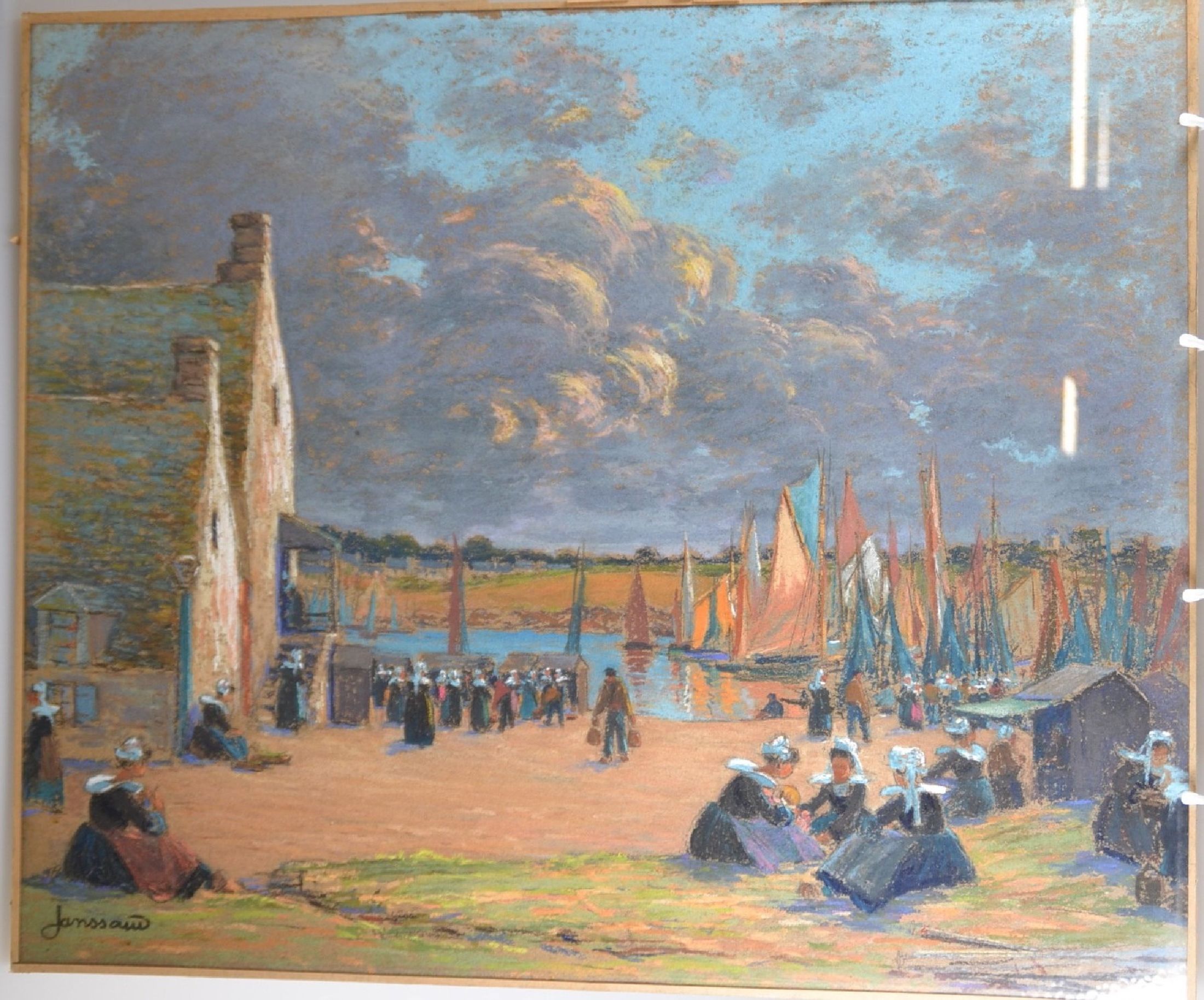 Detail c: Mathurin Janssaud, 1857- 1940, bretonischer Hafen mit reicher Figurenstaffage, bewegter Himmel mit aufziehenden Gewitterwolken, Pastell/Papier, ...
