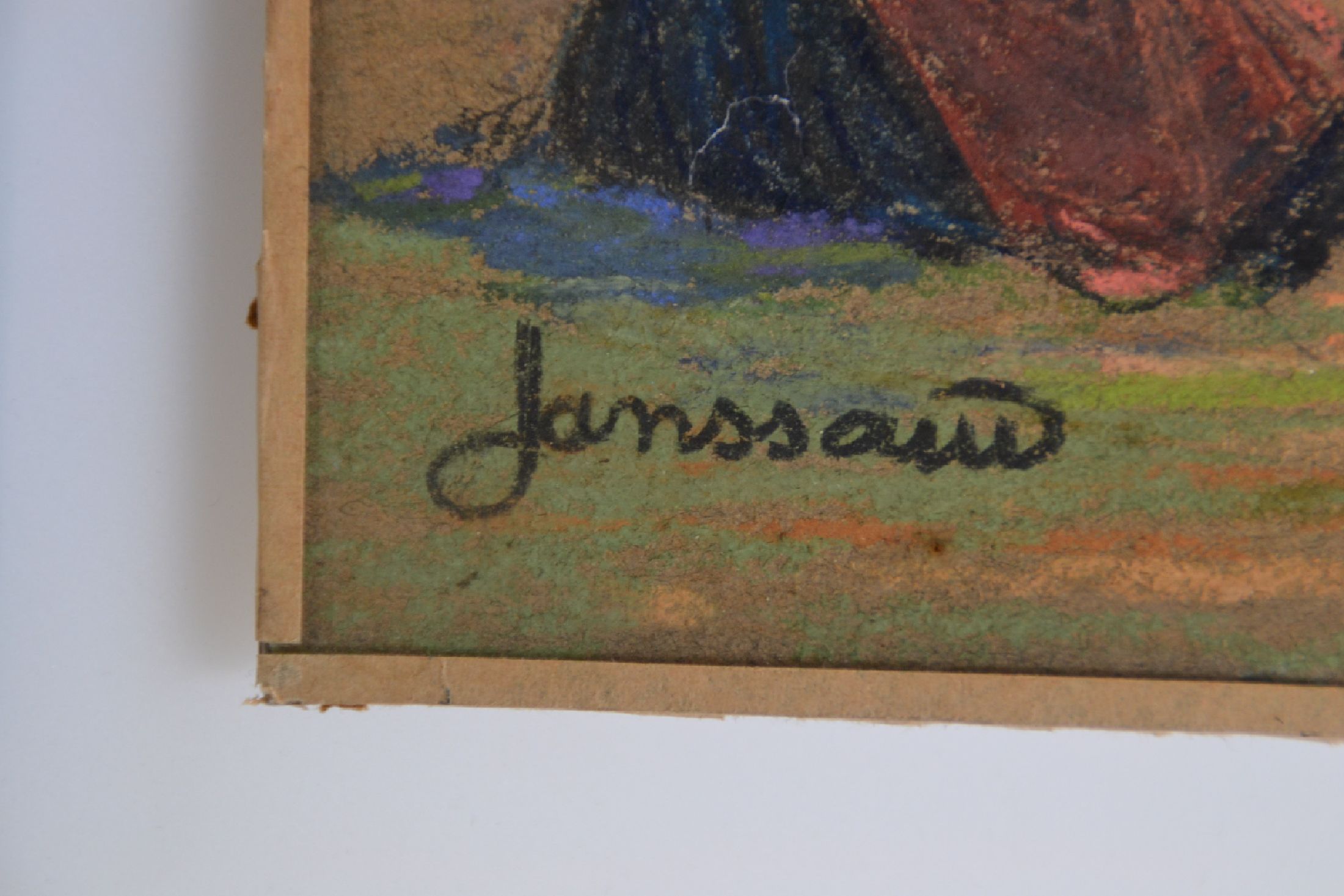 Detail e: Mathurin Janssaud, 1857- 1940, bretonischer Hafen mit reicher Figurenstaffage, bewegter Himmel mit aufziehenden Gewitterwolken, Pastell/Papier, ...