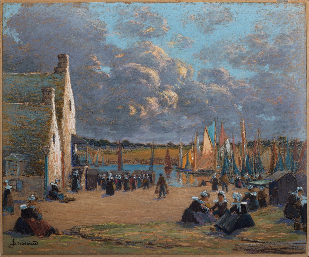 Detail k: Mathurin Janssaud, 1857- 1940, bretonischer Hafen mit reicher Figurenstaffage, bewegter Himmel mit aufziehenden Gewitterwolken, Pastell/Papier, ...