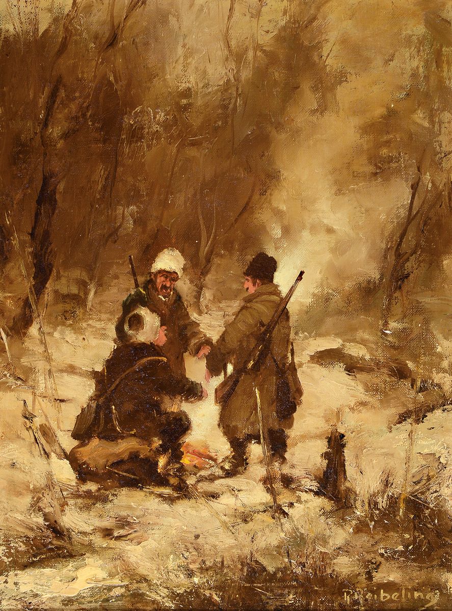 Richard Reibeling, 1900-1976 Duisburg, drei Männer sich am Feuer wärmend im verschneiten Winterwald, Öl/Holz, rechts unten signiert, ca. 40x30cm, ...