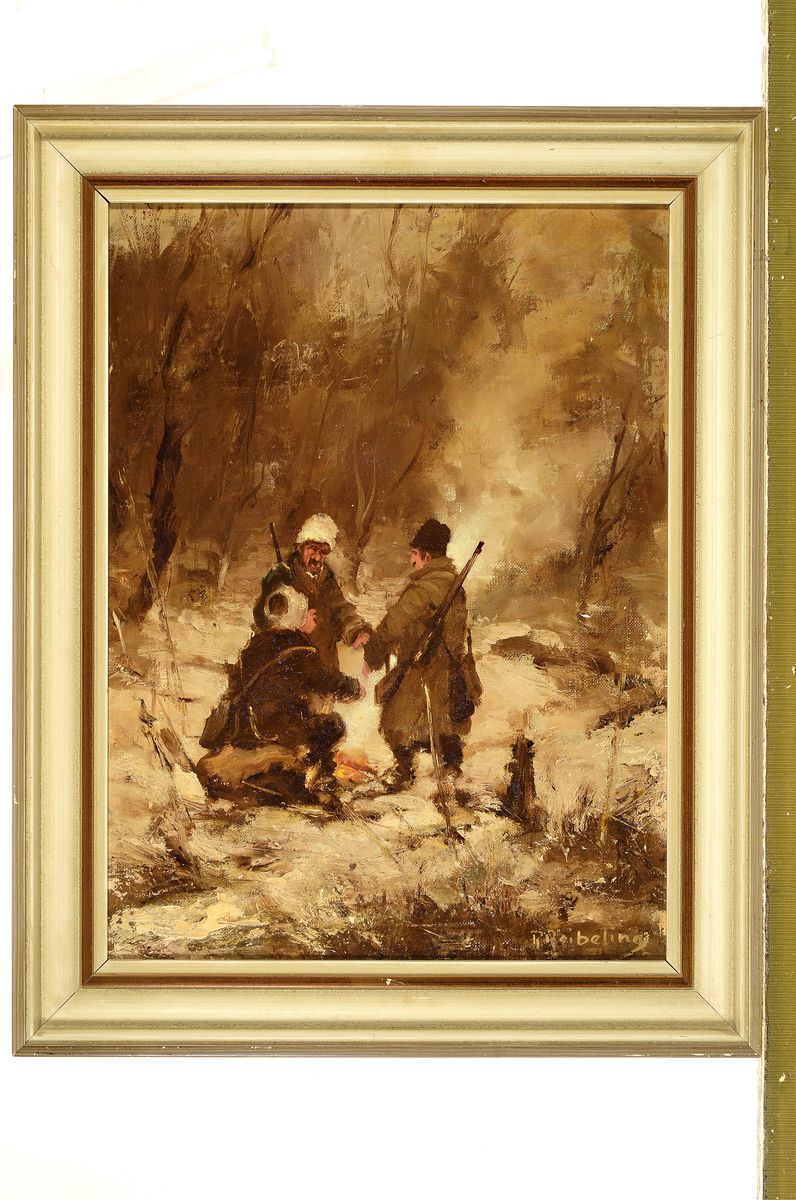 Detail k: Richard Reibeling, 1900-1976 Duisburg, drei Männer sich am Feuer wärmend im verschneiten Winterwald, Öl/Holz, rechts unten signiert, ca. 40x30cm, ...