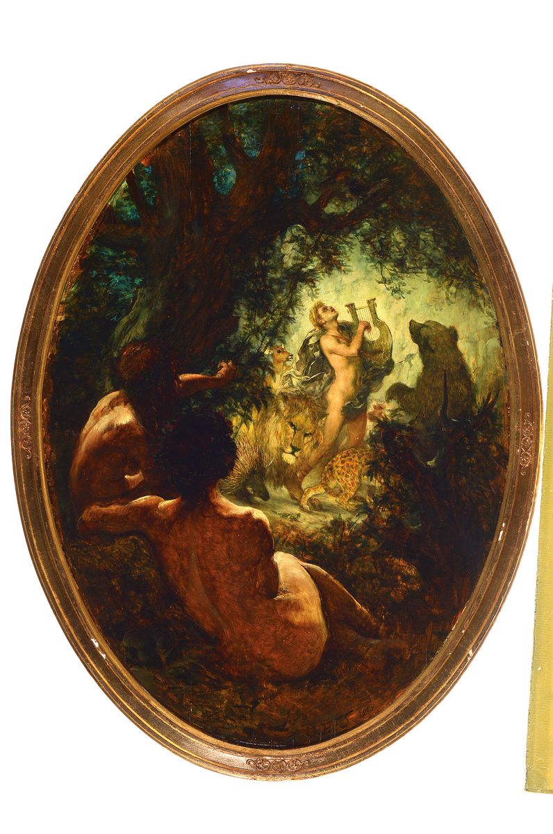Detail l: Zuschreibung: Adalbert Franz Seligmann, 1862- 1945 Wien, bekannter Wiener Illustrator und Historienmaler, 2 Pendants, Orpheus verzaubert die wilden ...