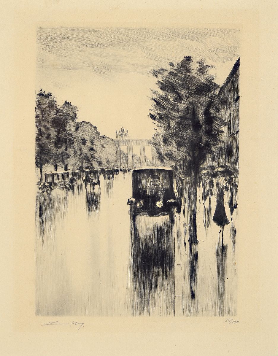 Lesser Ury, 1861-1931, Kraftdroschke im Regen am Brandenburger Tor, Radierung, leicht gebräunt, links unten handsign., rechts unten num. 52/100, ca. ...